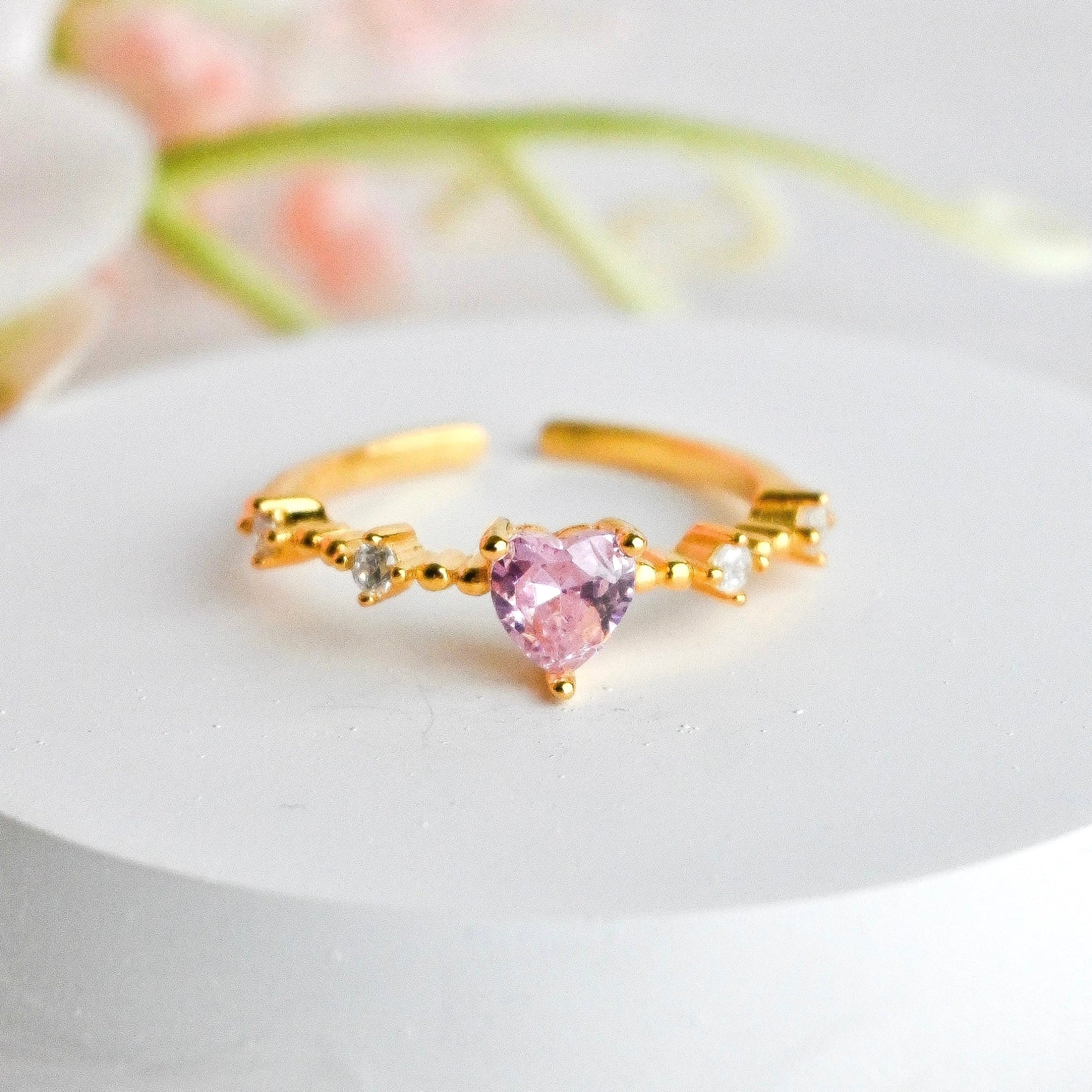 925 Sterling Silver Pink Blush Heart Ring- 18K Gold Plated Adjustable Forever Luxe