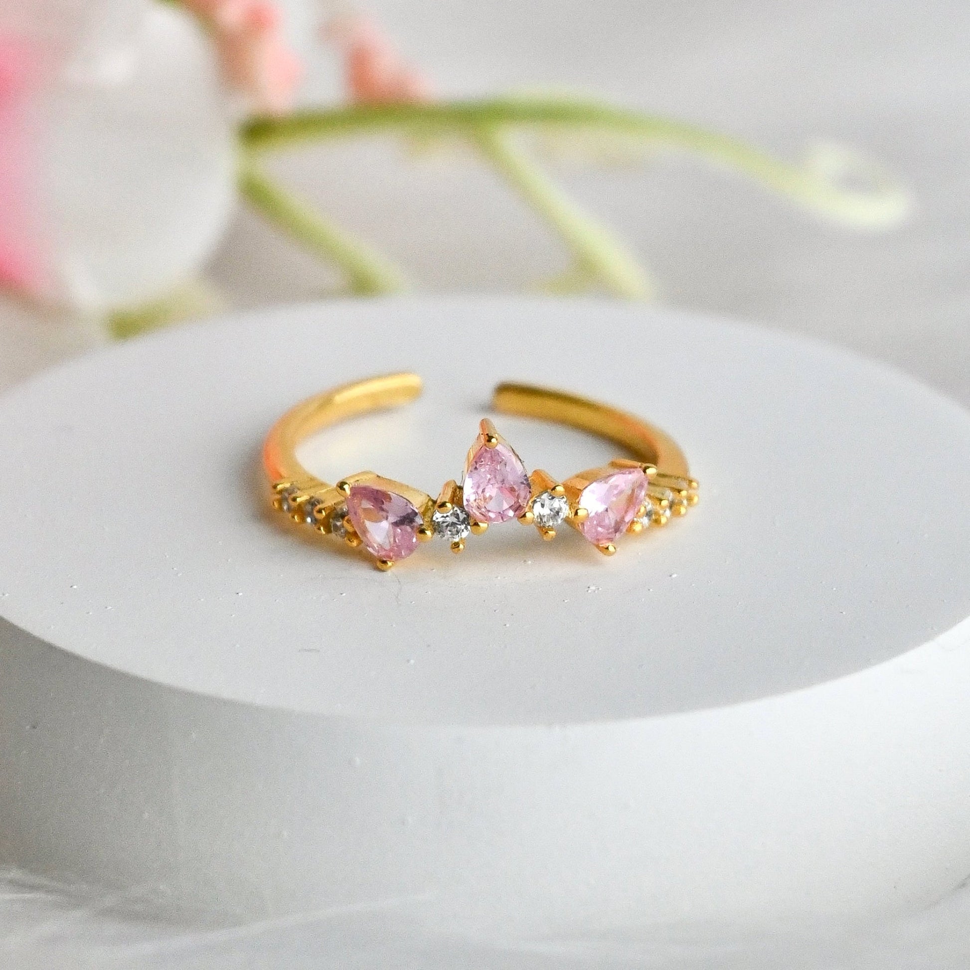 925 Sterling Silver Triple Flame Rose Ring- 18K Gold-Plated Adjustable Forever Luxe